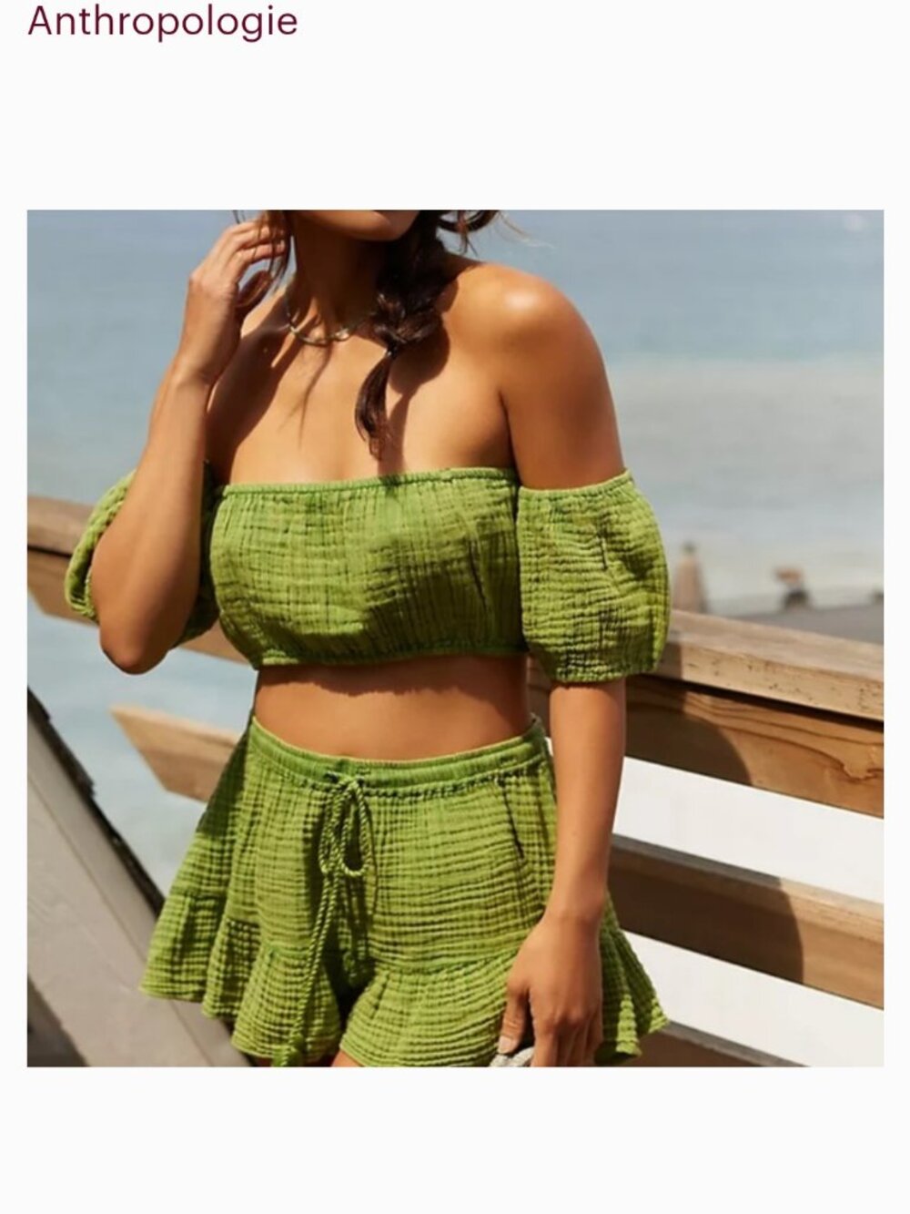 Anthropologie 2pc crinkled short set size Small green